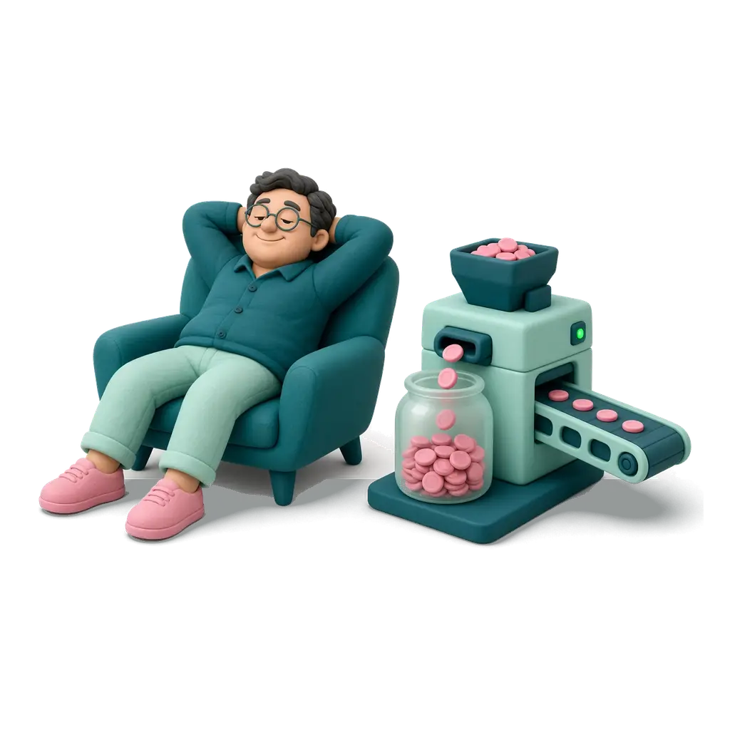 Ilustración de El Piloto Automático: figura de arcilla descansando en un sillón mientras una máquina llena un frasco de fichas.