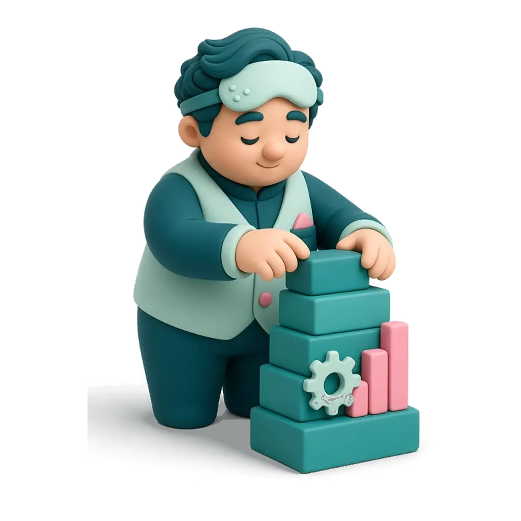 Ilustración de El Arquitecto: figura de arcilla que apila bloques y un gráfico de barras.