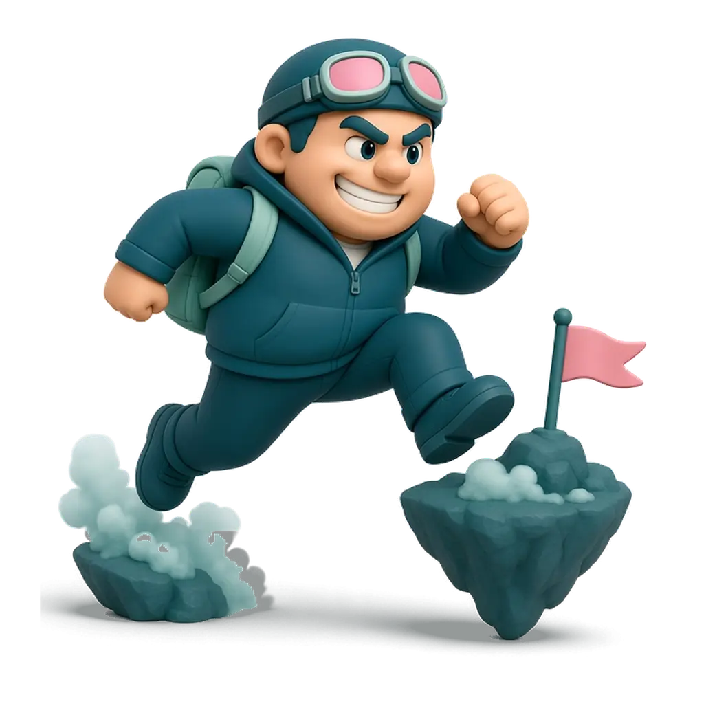 Ilustración de El Aventurero: figura de arcilla saltando entre rocas hacia una bandera.