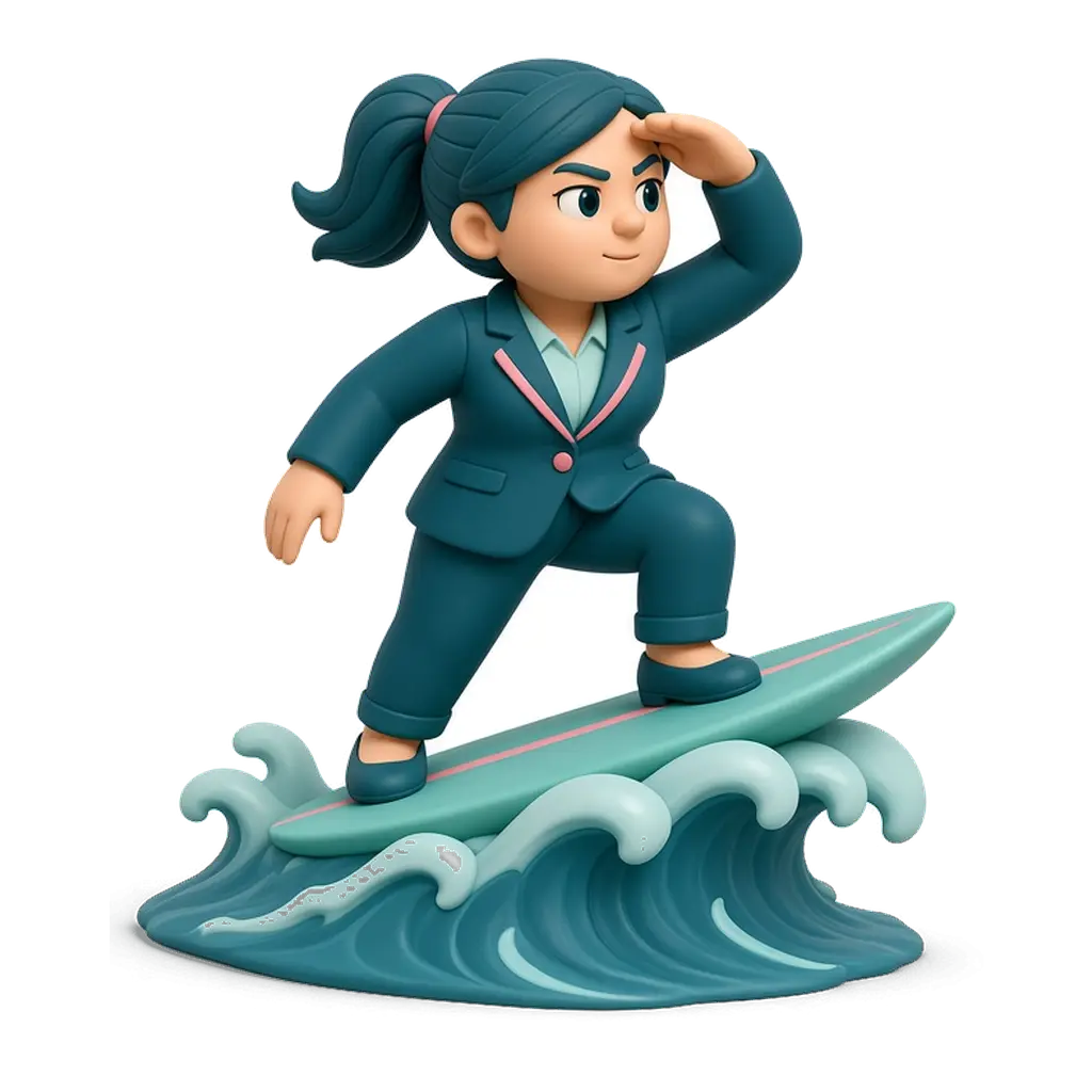Ilustración de El Visionario: figura de arcilla surfeando una ola, mirando al horizonte.
